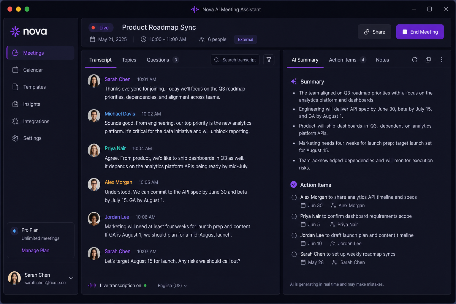 NextLine live transcript and meeting assistant during a call