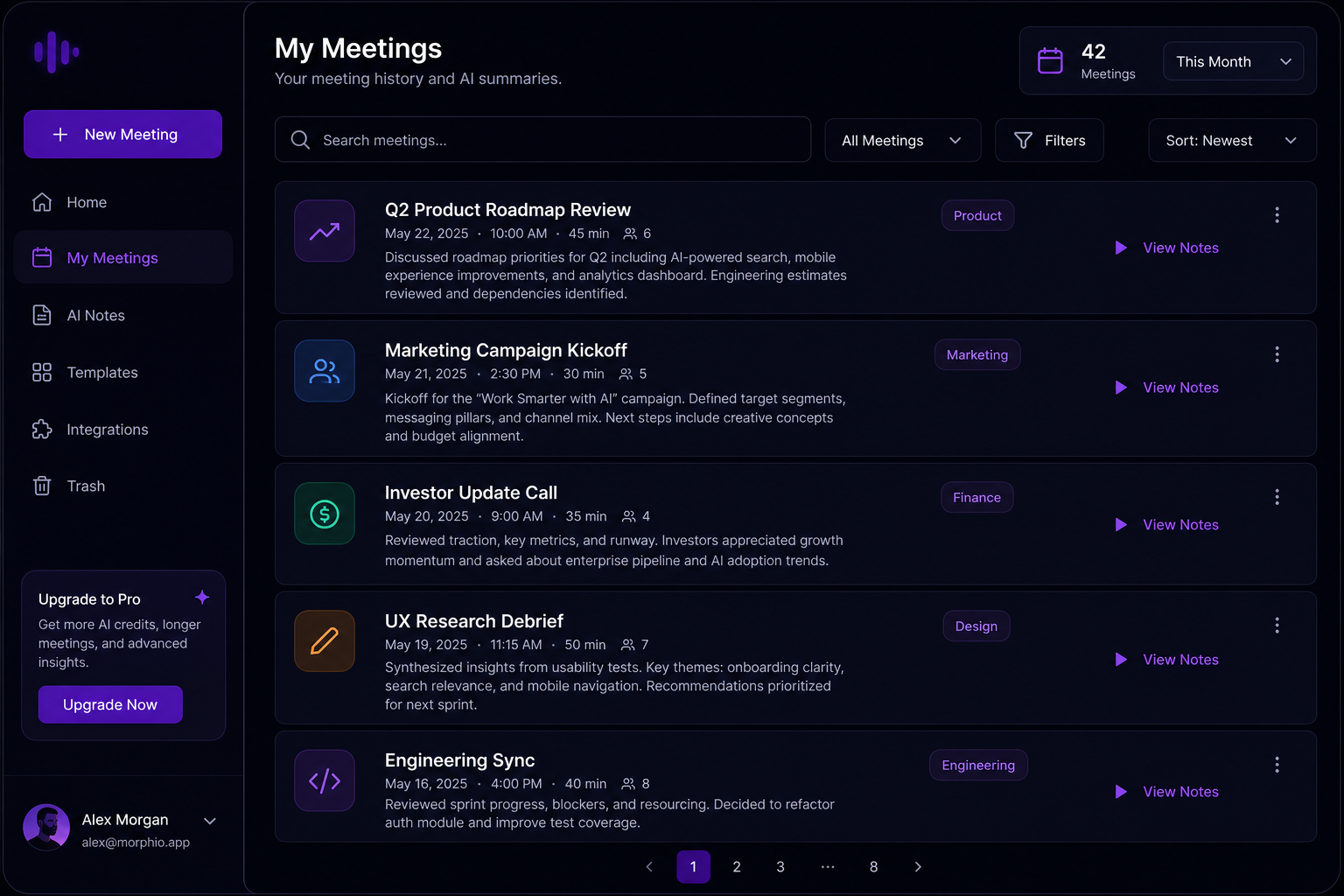 NextLine My Meetings list with summary preview